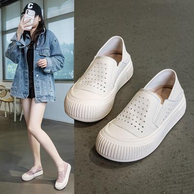Two-way White Shoes for Women Summer Genuine Leather Breathable Thick-soled Casual Hollow Hole Shoes