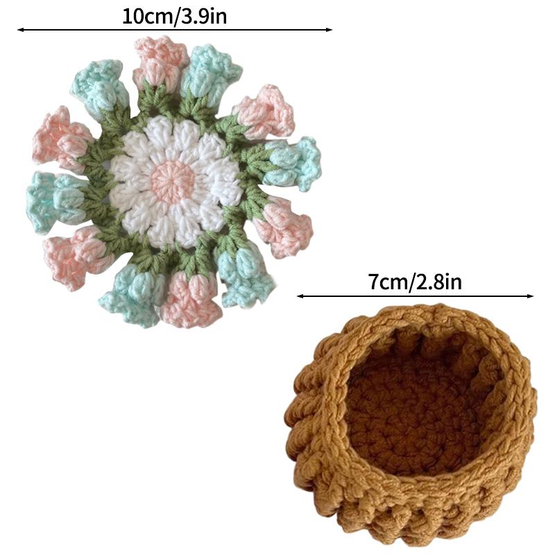 Crochet Coaster Handmade Knitted Flower Bouquet Coaster Plant Pot with Flowerpot Flower Placemat Cup Pad Teacup Stand Diy Flower