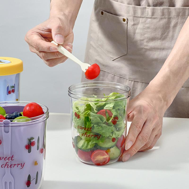 Double Wall Salad Cup Portable Leak Proof Oat Container With Fork&Handle Drain Fruit Cup Cute Breakfast Cup For Student