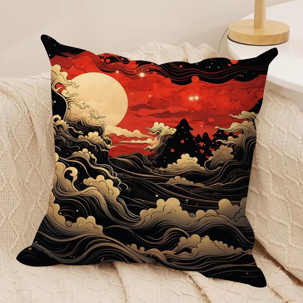 Japanese Waves Cushion Cover Silky Short Plush DoubleSided Printed Pillow Case for Sofa All Seasons Home Decor Gift
