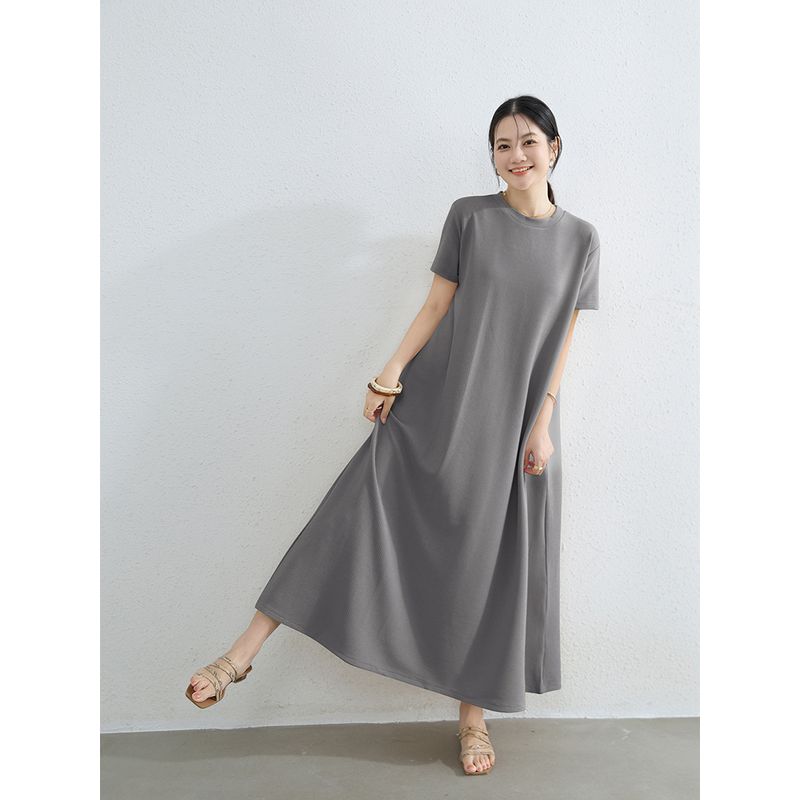 Plus Size Slimming Short Sleeve Dress Round Neck Over the Knee Temperament Long Dress Loose Idle Style Big Hemline Belly Covering Casual Skirts