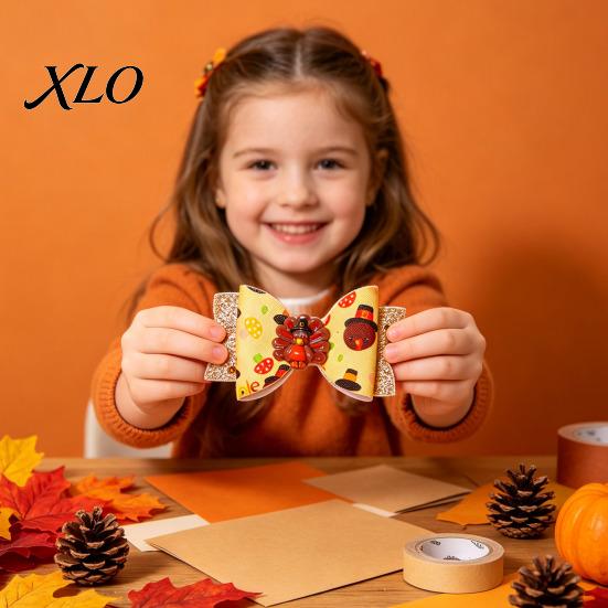 Festival Style Hair Accessories Thanksgiving Turkey Bow Clip for Girls, Decorative Pins, Maple Leaf Pins Double Layer Glitter Clip, Cute Autumn