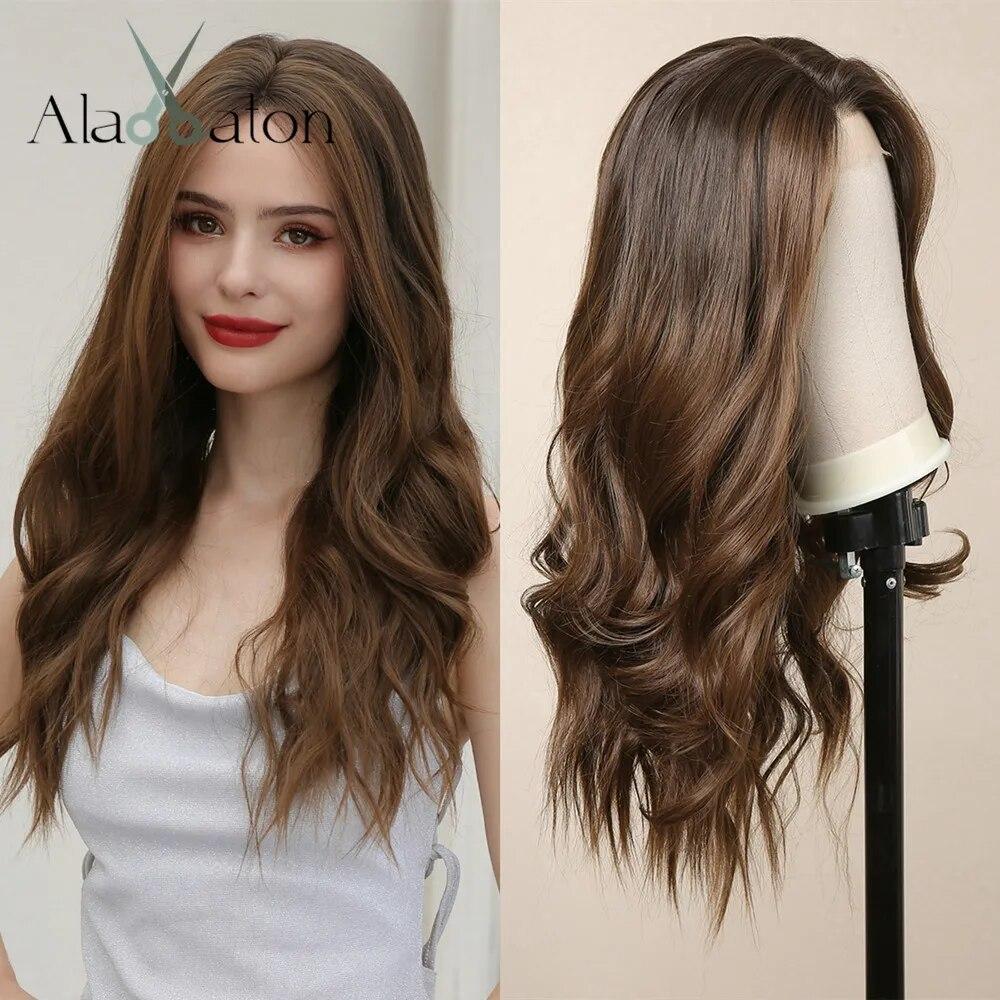 ALAN EATON Brown Blonde Curly Lace Wig 13*4 Lace Front Wigs with Dark Roots Synthetic Natural Looking Hair for White Women Daily