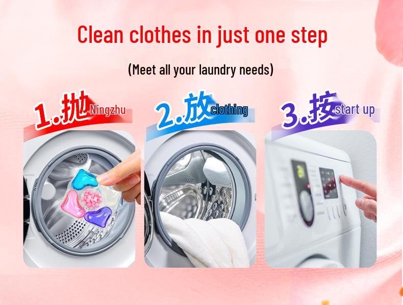 100-piece pack of five-in-one laundry pods with fragrance, softening, stain removal, and five-chamber design.