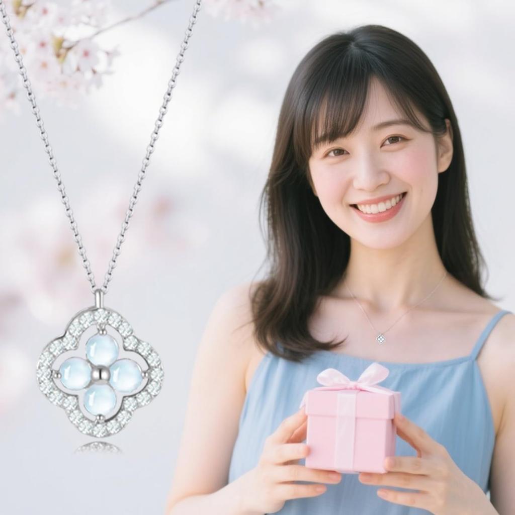 Moonstone Necklace for Popular of Good Silver Metal Four Leaf Clover June Present [Free Bird] Women, "Symbol Luck" 925, Allergy, Pendant, Birthstone,