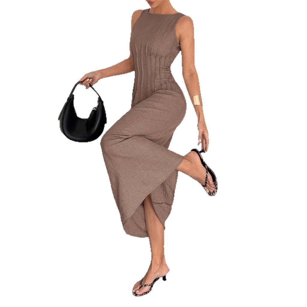2026 Elegant Waist-Cinched A-Line Sleeveless Long Dress with V-Back In Solid Color