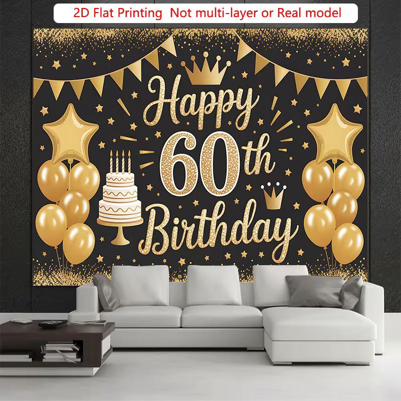 2D Elegant Black Gold Themed 60th Birthday Party Banner with Balloons