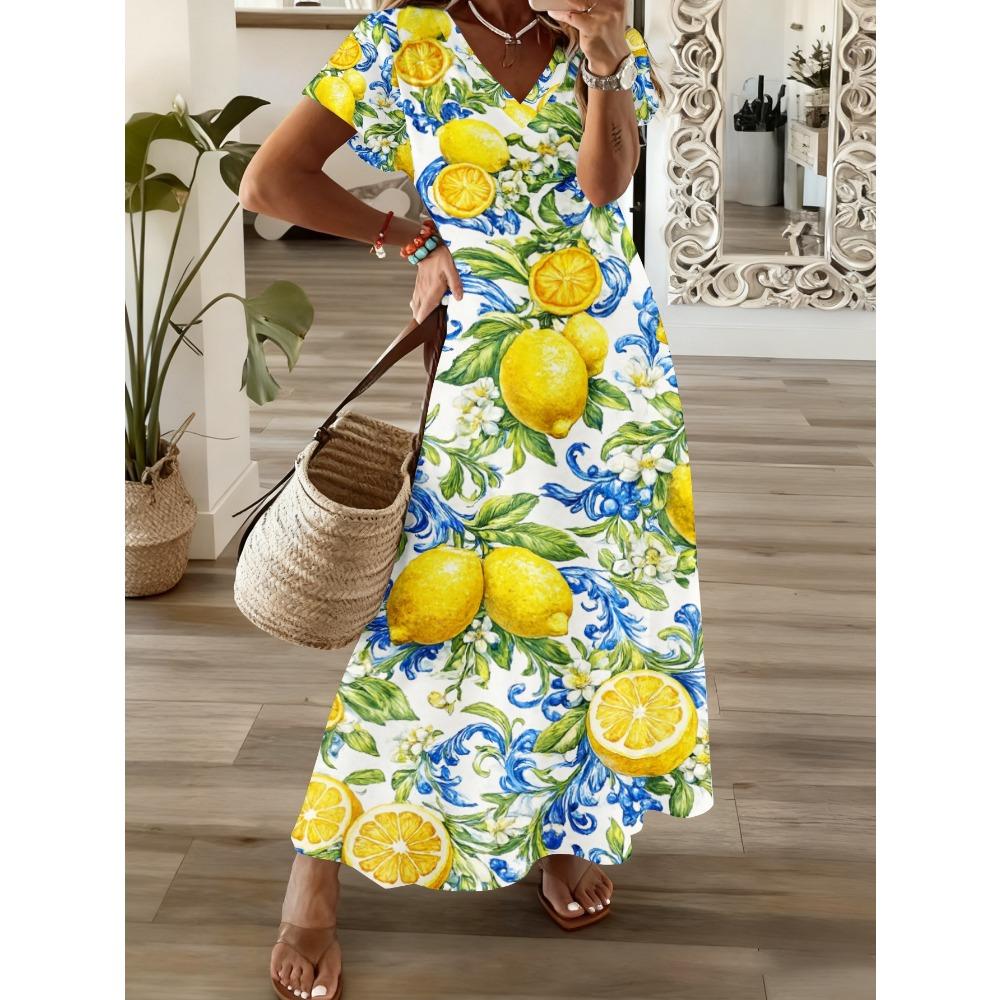 

Белое летнее платье с принтом лимонов, идеально подходит для поездок на пляж и повседневных прогулок 2XL