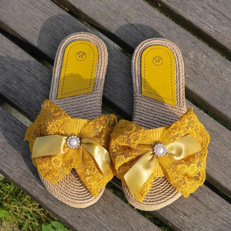 

Модные женские шлепанцы с открытым носком, плоские, богемные, с бантом, пляжные сандалии, уличные сандалии для женщин, большой размер 37 42 Chaussures Femme 42 жёлтый