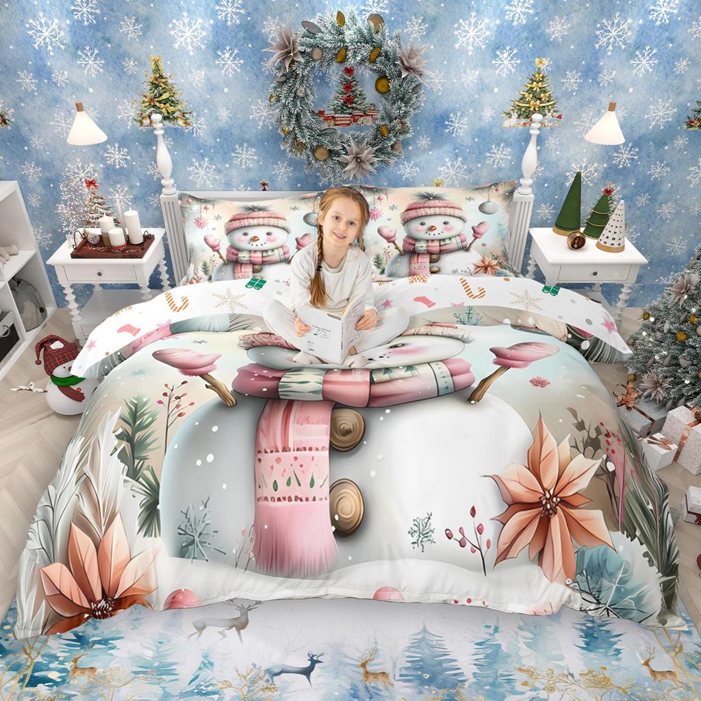 Homewish Kids Merry Christmas Duvet Cover Set 2pcs/3pcs, Gingerbread Xmas Tree Bedding Set, Cute Snowman Snowflake Quilt Cover