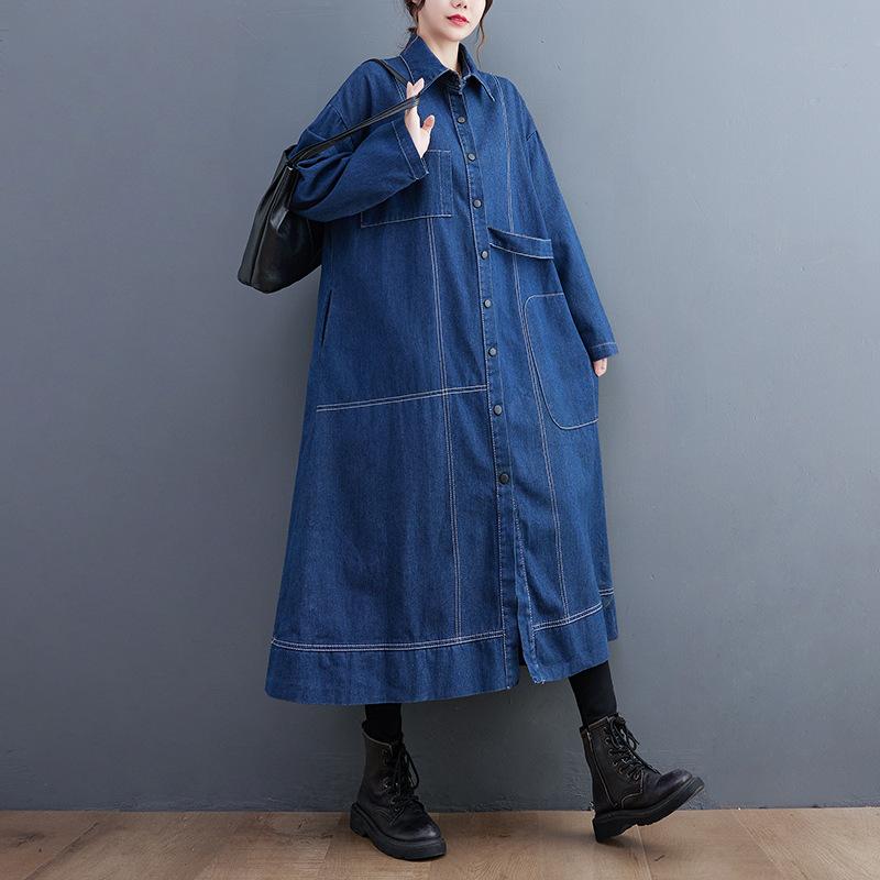 Women's Long Sleeve Denim Coat Turn Down Collar Vintage Loose Fit Trench Coat