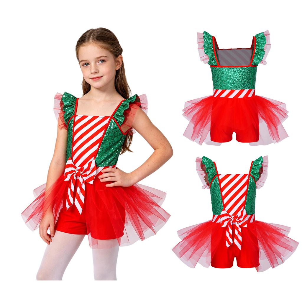 Sequins Candy Cane Stripe Tulle Dress for Girls Ruffle Sleeves Bowknot Built-in Shorts Christmas Stage Theme Party Costume