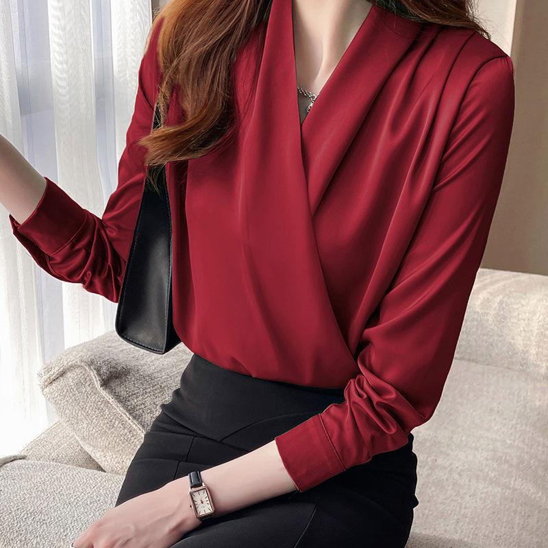 Women Versatile Loose Long Sleeve V Neck Professional Office Blouse