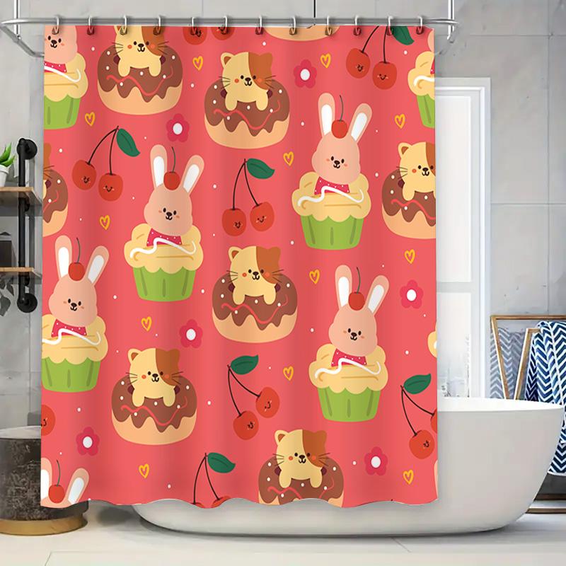 

Adorable Animal Cupcakes Shower Curtain Pink Red Floral Design For Bathroom Decor W60H190(CM)-1 Pcs