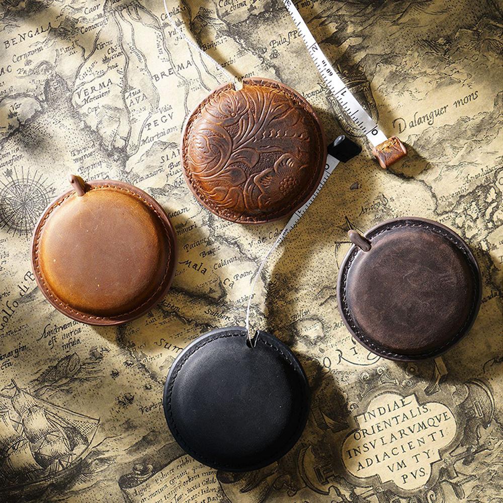 Vintage Crazy Horse Genuine Cowhide Tape Measure Handmade Mini Sewing Ruler Retro Leather Keychain Pendant Measuring Tapes