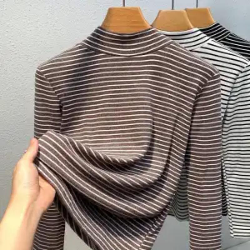 Autumn Winter Half Turtleneck Bottoming Shirt for Women with Retro Black and White Striped Long-sleeved T-shirt Tops for