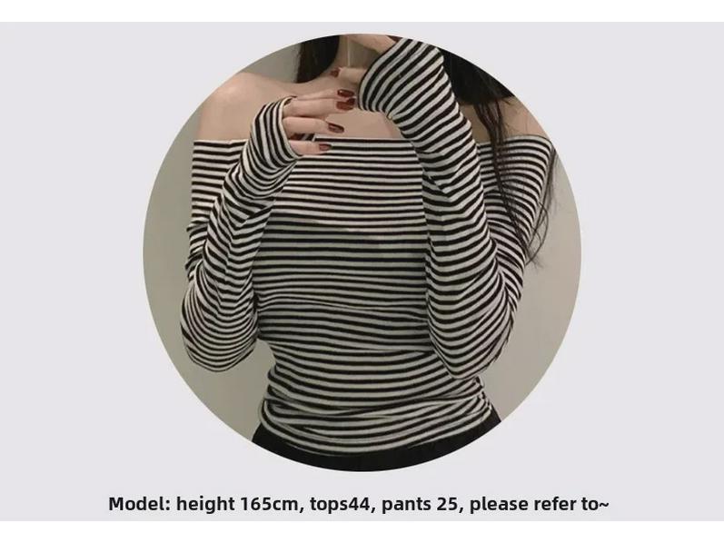 Stylish One-Shoulder Striped Slim Fit Long-Sleeve T-Shirt from Dongdaemun, South Korea
