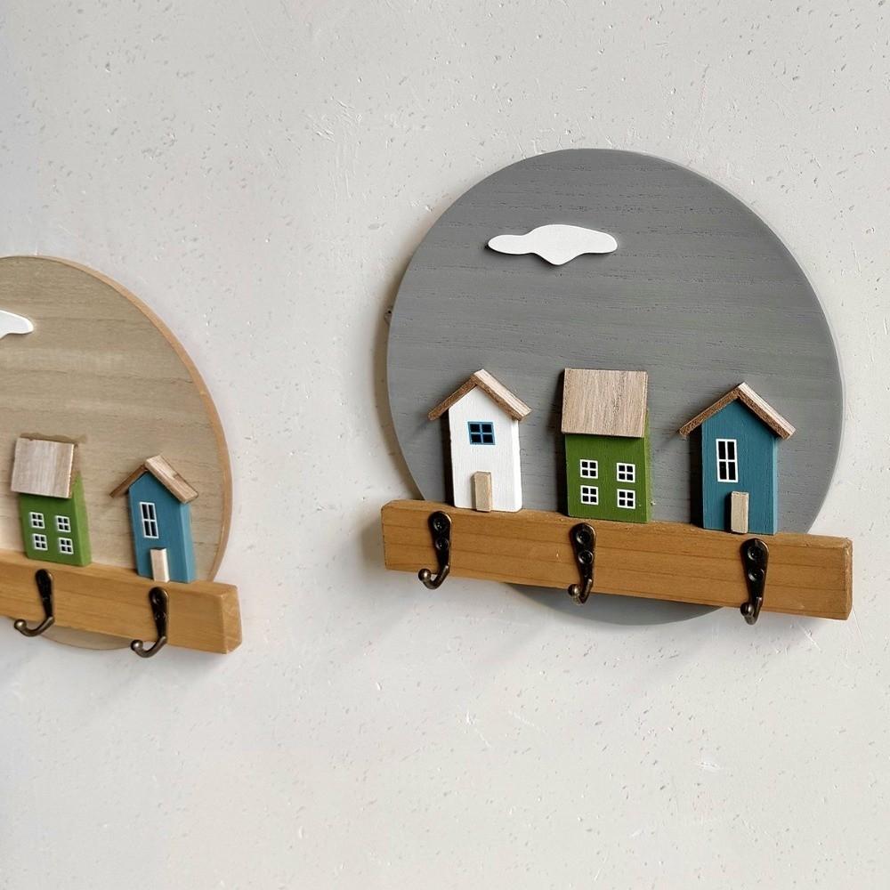 Round Shape Wooden Wall Hook Multi Hook 3D House Wall Hanging Storage Holder No Punching Nordic Style Coat Rack Porch Use