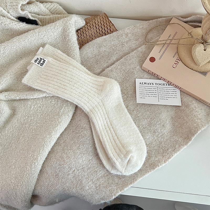 Winter and Autumn Children's Thick and Warm Mid-calf Socks with Vertical Stripes and Solid Color Wool Pile Socks