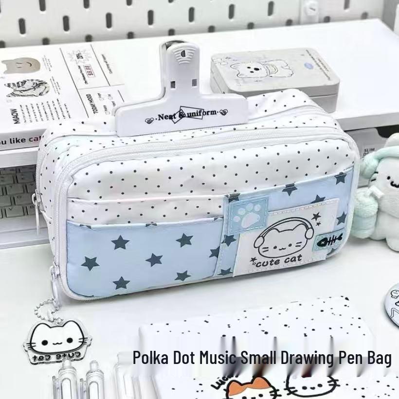 Japanese Polka Dot Cat Pencil Case - Large Capacity, Fresh Style Stationery for Students