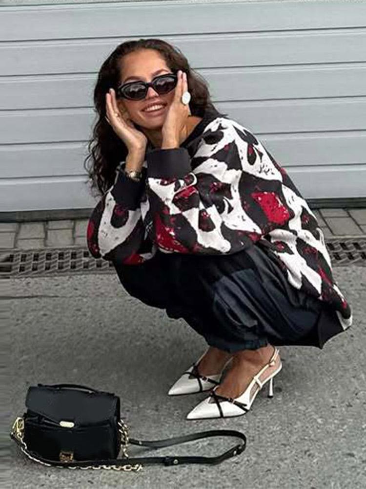 Женский жаккардовый свитер, вязаный пуловер с принтом черных и красных игральных карт в форме бриллианта, пуловер, осень-зима L