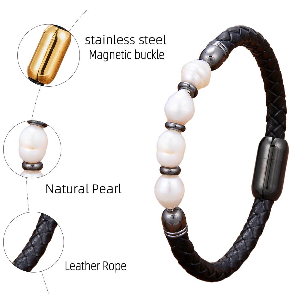 Genuine natural freshwater pearl bracelet, women's charm leather bracelet, baroque wedding jewelry