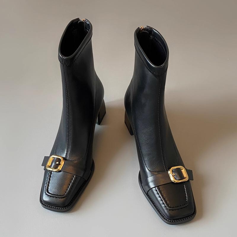 

25 French leather black square head belt buckle elastic thin boots 6cm and ankle boots rear zipper thick heel short boots women 40 чорний