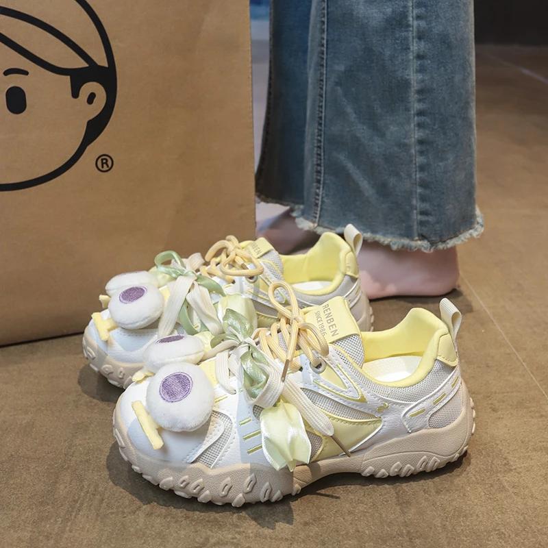 Fashion Casual Sneakers Spring Autumn Women Synthetic Leather Patchwork Mixed Colors Lace-Up Round Toe Love Kawaii Ladies Waffle Shoes