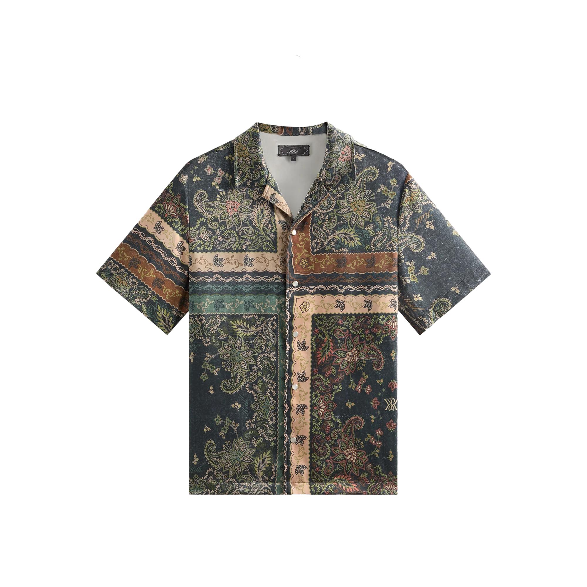 

Kith Рубашка с коротким рукавом и воротником кэмп, с панельным узором «бандана», Thompson, Stadium, мужская, топы, зеленый, KHM033606-302 L