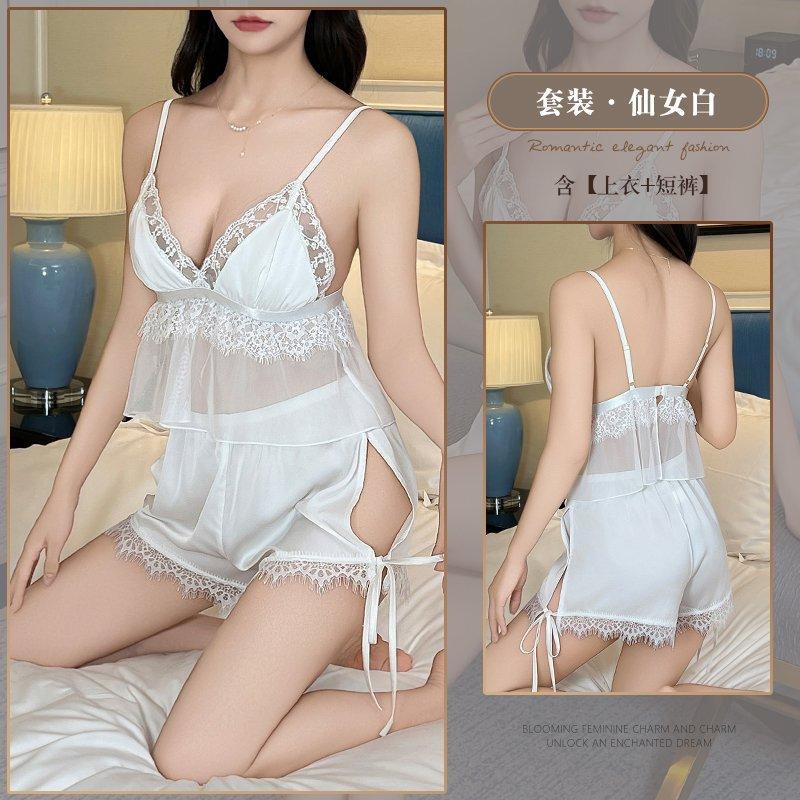 

New sexy nightdress with chest pad women s high-end lace suspender two-piece set L