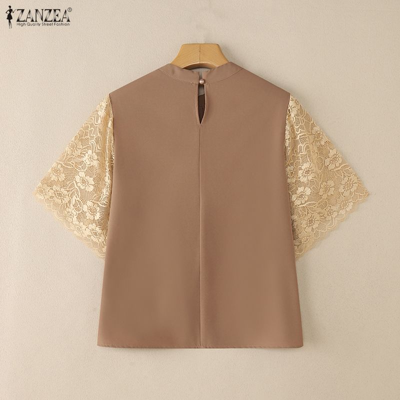 ZANZEA Women Casual Round Neck Lace Splice Short Sleeve Blouse Summer