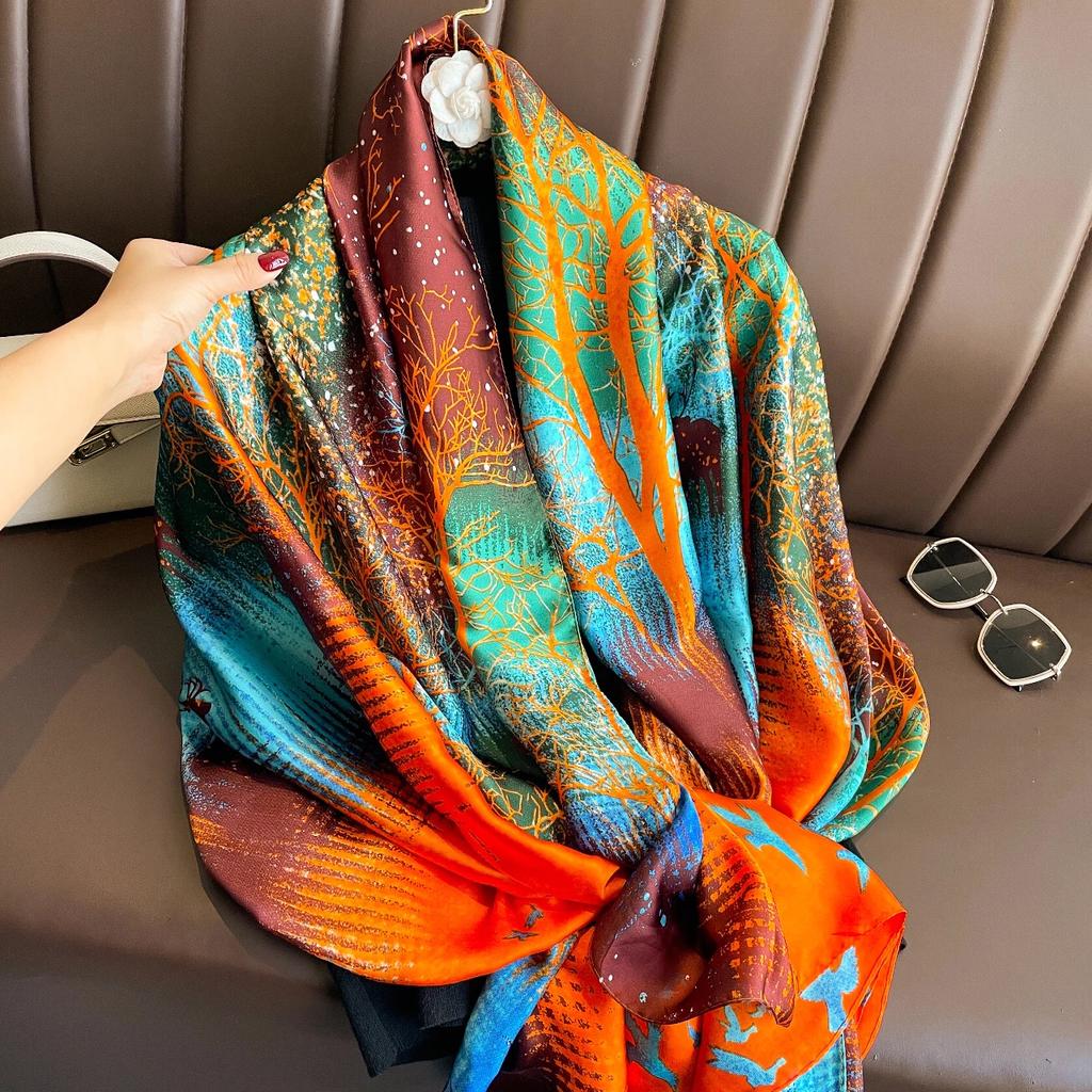180X90 Cm Large Silk Soft Scarf Women Stylish Print Long Shawl Handkerchief Summer Elegant Travel Wrap