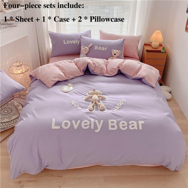 Milk Velvet Bed Four-piece Bed Single Suitbed Bedding Small Bear Model Princess Style Home Bedding