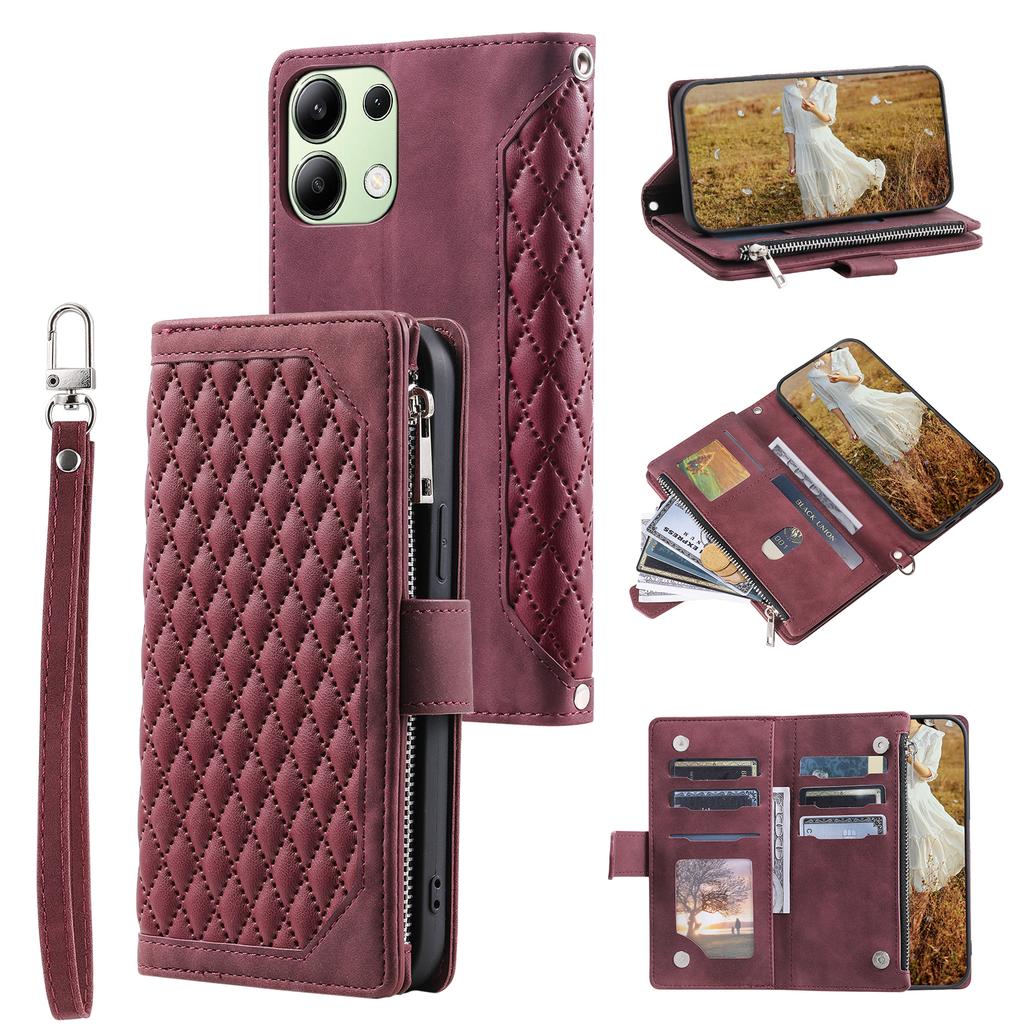 For Xiaomi Redmi 15C 4G (173mm) Wallet Case Rhombus Stitching Line PU Leather Phone Cover with Wrist Strap