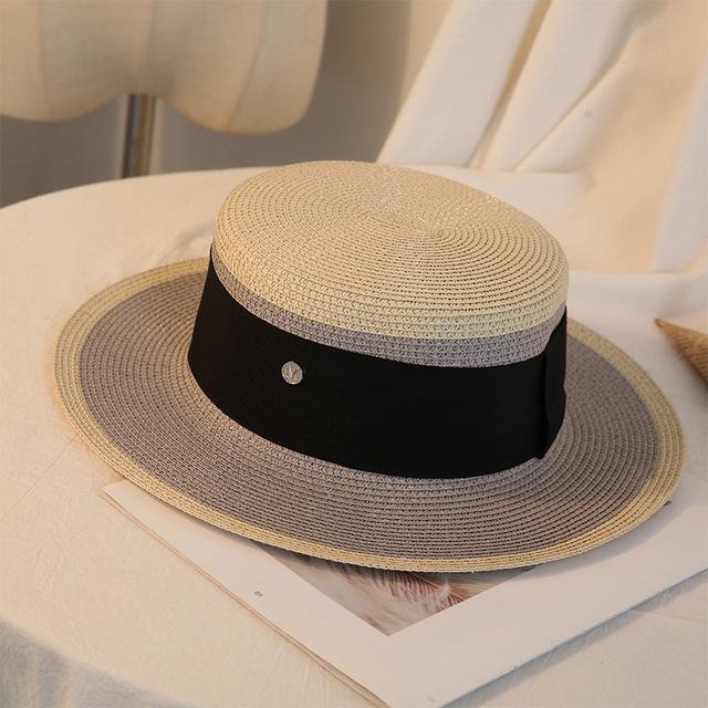 Women's summer beach straw hat beach shade sun protection color blocked flat top sun hat British versatile top hat