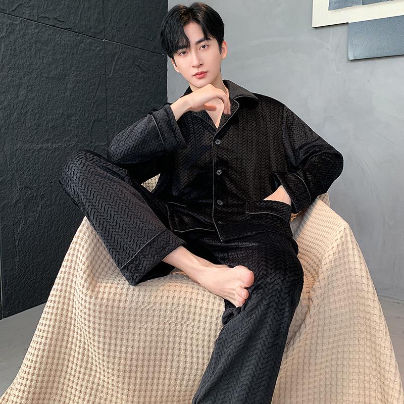 

Men s High-End Island Fleece Pajama Set: Cardigan Lapel, Long Sleeve & Pants for Autumn/Winter XL