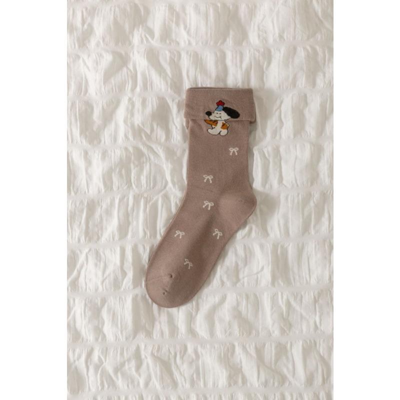 Cute Flanged Socks for Girls, Sweet Bow Mid-calf Socks, Versatile for Autumn and Winter, Cartoon Striped Student Pile Socks