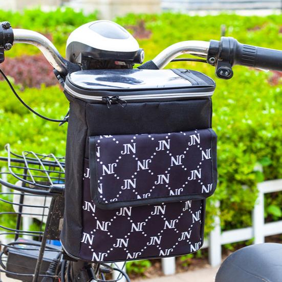 Bike Handlebar Bag Waterproof Large Capacity Cartoon Pattern Zipper Closure Double Layer Bike Front Bag Electric Bicycle Handlebar Frame Bag