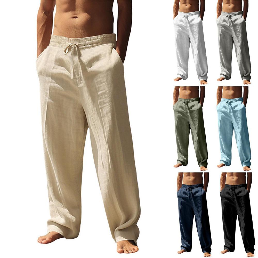 Pantaloni da Uomo Estivi in Misto Lino Gamba Dritta Leggeri Traspiranti da Spiaggia Casual con Vita Elastica e Coulisse per Comfort Tutto il Giorno