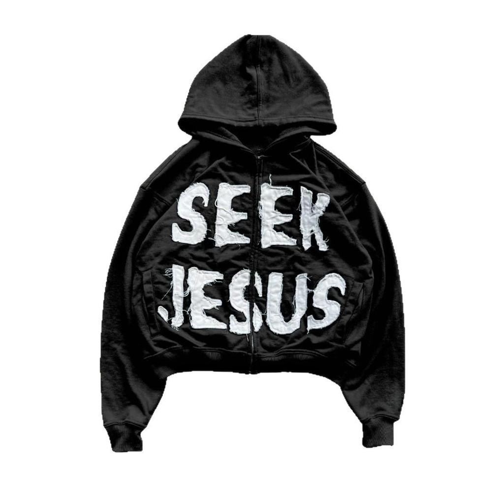 Unisex Kapuzen-Reißverschluss-Strickjacke im europäischen Stil mit Hip-Hop-Print