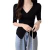 2024 Women's Korean V-Neck Irregular Cross Design Short-Sleeved T-Shirt, Plus Size, Solid Color.