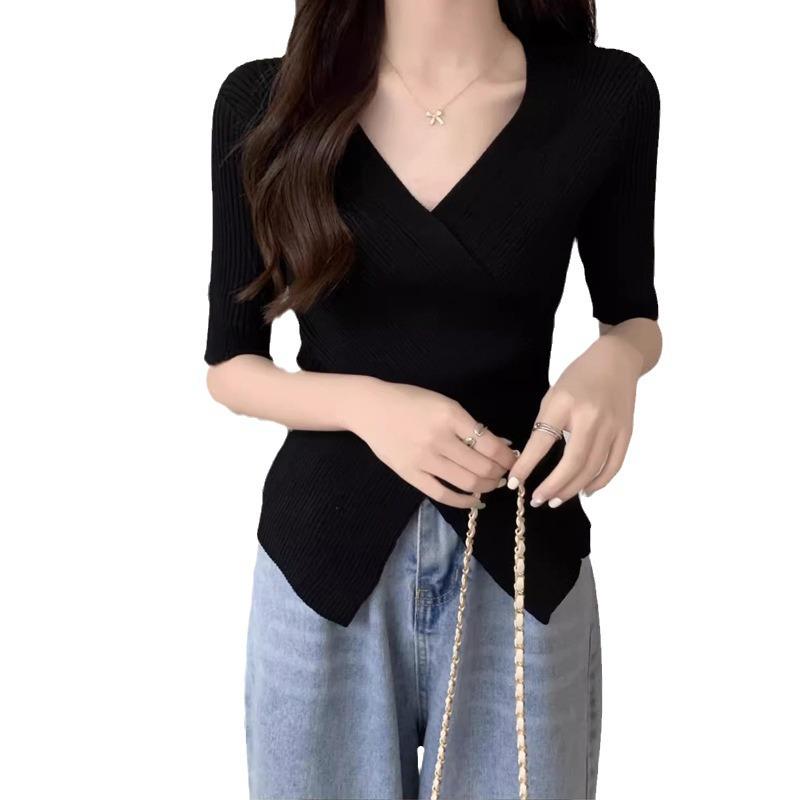 2024 Women's Korean V-Neck Irregular Cross Design Short-Sleeved T-Shirt, Plus Size, Solid Color.