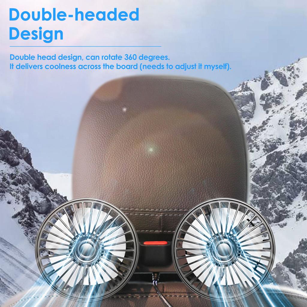 Car Fan for Backseat Dual-Head USB Powered Car Cooling Fans with 3 Speeds 360° Rotatable 5V Electric Car Seat Fan Powerful