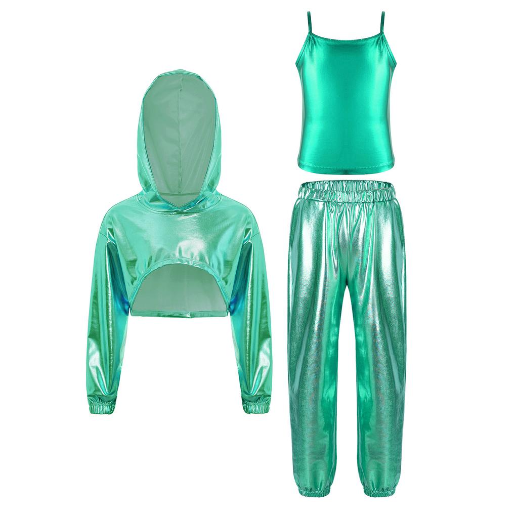 Mädchen Langarm-Hoodie mit asymmetrischem Saum, Metallic-Schnitt, Hip-Hop-Jazz-Set, Spaghettiträger-Top und glänzender Hose