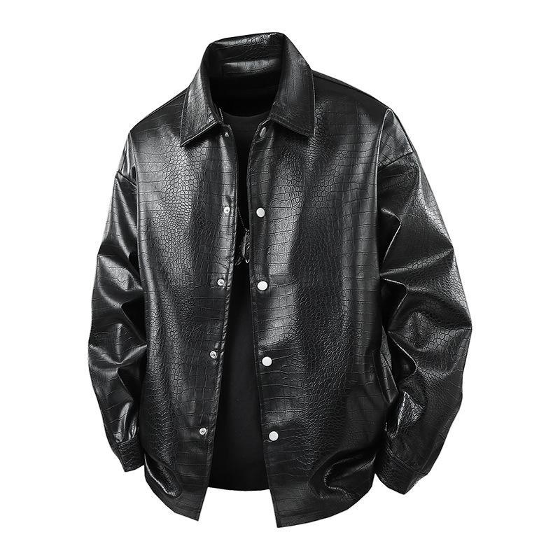 Men's leather jacket PU leather leather jacket spring and autumn lapel collar single-row button casual windproof waterproof locomotive jacket top