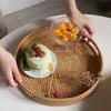 Rattan Round Serving Tray with Handle Large Capacity Sturdy Desktop Organizer Tray for Snack Bread Drink Breakfast Candle