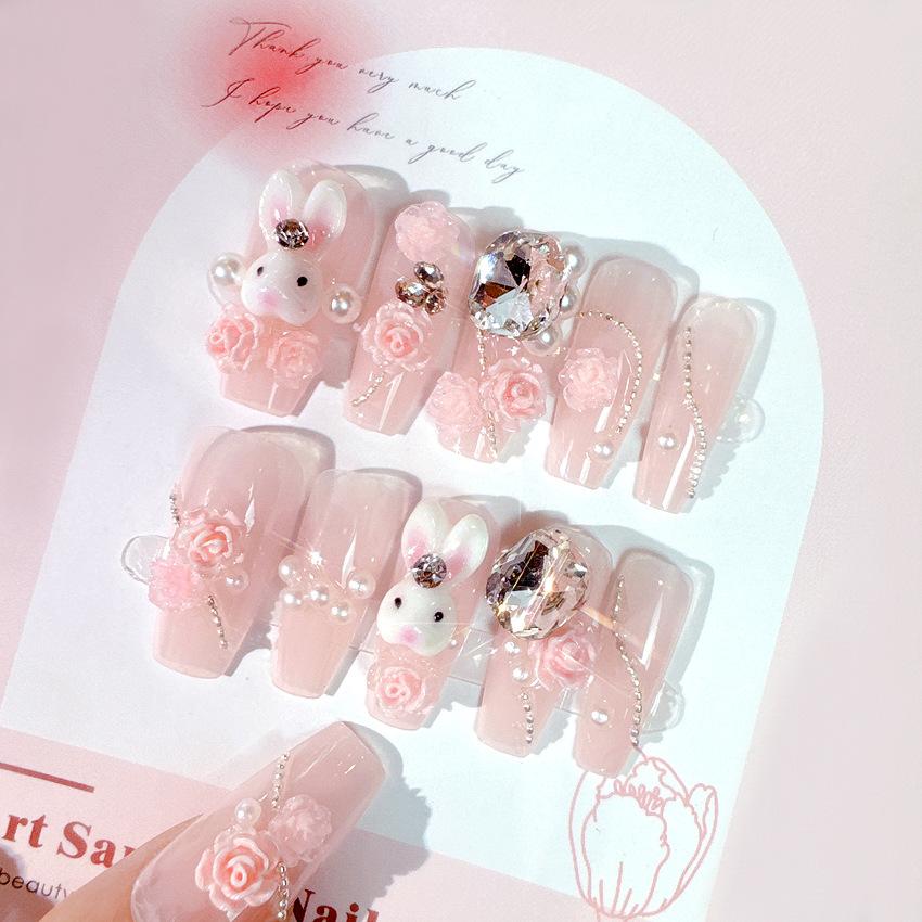 24Pcs Pink French Leopard Hello Kitty False Nails 3D Y2k Star Heart Kitty Cat Rhinestones Press On Nails Cute Cartoon Fake Nails