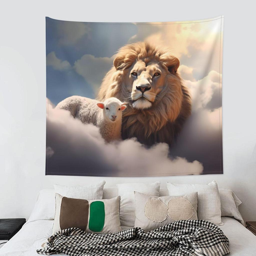 Divine Lion And Lamb Tapestry, Majestic Lion And Gentle Lamb In Peaceful Cloudy Sky With Warm Sunlight Wall Art For Aesthetic
