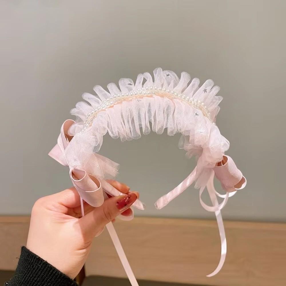 Sweet Bow Lace Headband Lolita Princess Hair Hoop Fashion Pearl Ribbon for Baby Girls