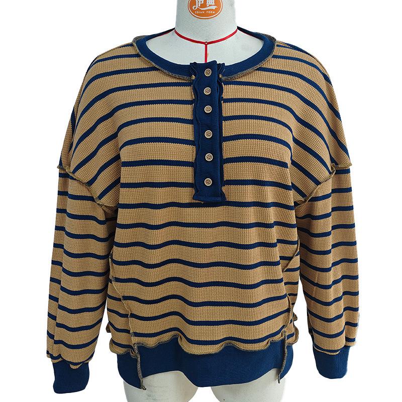 Color Block Long Sleeve Striped Button-Up Casual Sweater for Women - Autumn/Winter